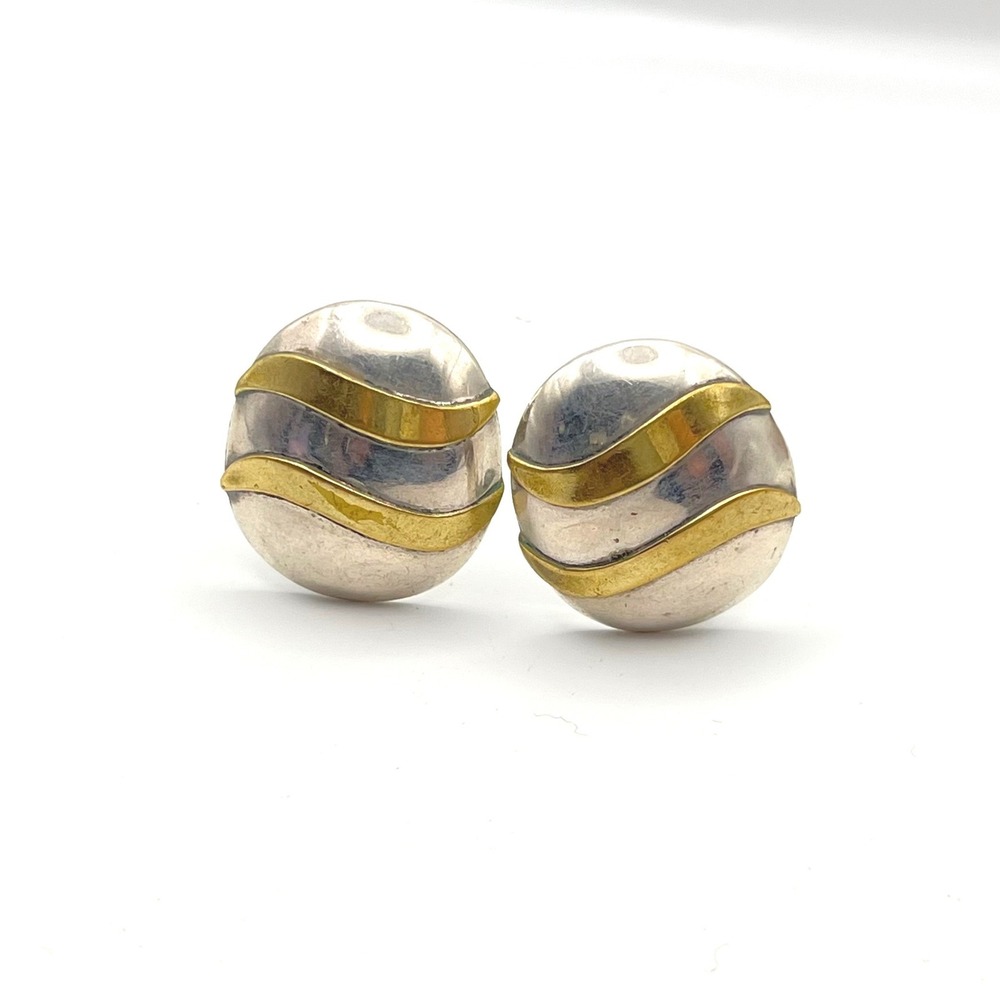 Vintage Mexico Sterling‎ Silver Gold Wave Clip On Earrings TR-56 Modernist Studs